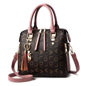 Women’s Printed Handbag with Zipper Closure Letter-Patterned Korean Style PU Soft Leather Shoulder Crossbody Bag