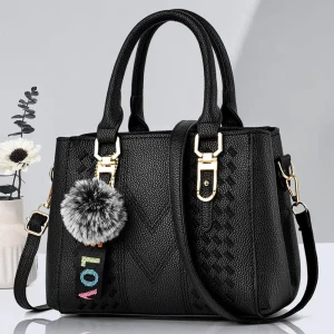 Women’s Pu Handbag Fur Ball Pendant Zipper Closure Single Strap Crossbody Shoulder Bag