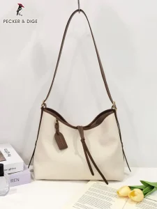 Women’s Retro Fashion Tote Handbag PU Leather Commercial Shoulder Bag Open Closure Embroidery Decoration PVC Lining Solid Color