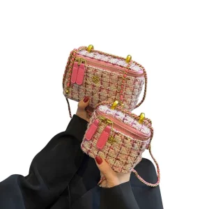 Women’s Small Mini Square Box Tweed Cloth Fabric Chain Shoulder Messenger Crossbody Bags