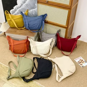 Women’s Solid Color Messenger Bag Fashion Dumplings Zipper Closure Single Strap Waterproof Nylon Shoulder Bag