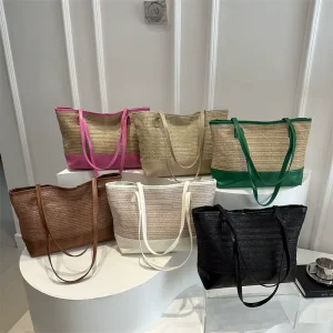 Women’s Straw Woven Tote Bag With PU Leather Bottom Handles Large Capacity Shoulder Bag for Beach Vacation Shopping