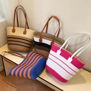 Women’s Summer Fashion Wood Straw Bag Striped Zipper Closure for Travel Beach Lady’s Handbag