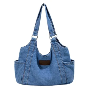 Women’s Summer Shoulder Tote Bag Washed Denim Large Capacity Portable Zipper Closure Polyester Lining Embroidery