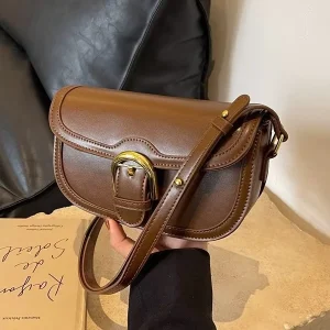 Women’s Vintage Brown Saddle Crossbody Bag High-Quality PU Leather Casual Shoulder Purse with Gold Hardware