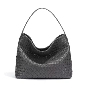 Women’s Woven Bucket Handbags with Removable Strap Soft Leisure Shoulder Geometric Handbags Button Closure Tote Bags