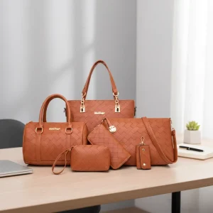 Women’s Woven Six Piece Handbag Shoulder Messenger Bag Zipper Closure Polyester Bucket Shape