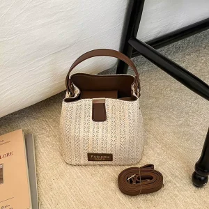 Woven Bucket Bag for Women Straw Crossbody Handbag with Top Handle Casual Shoulder Bag for Summer
