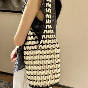 Woven Casual Women’s High-End Handheld Bucket Single-Shoulder Bag Niche Crossbody Bag Open Closure Two Straps Wood