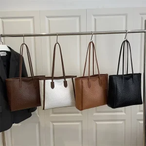 Woven Pattern PU Zipper Large Capacity Women’s Autumn New Simple Retro Underarm Texture Single Shoulder Tote Handbag