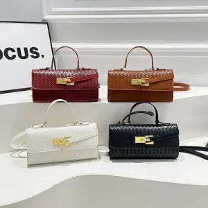 Woven Texture Handbag for Women PU Leather Shoulder Bag with Gold Lock Top Handle Office Casual
