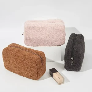 XiYou Makeup Bag Pure Color Plush Large Capacity Skin Care Products Storage Bag Travel Portable Simple Cosmetic Bag