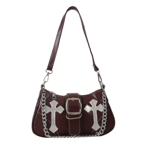 Y2K Girls Cool Chain Retro Female Clutch Handbags Simple PU Leather Women’s Small Shoulder Bag Single Handle Geometric Pattern