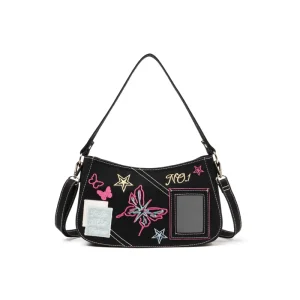 Y2K Punk Gothic Cowgirl Canvas Denim Tote Crossbody Shoulder Armpit Bag Butterfly Clutch Vintage Women Bag