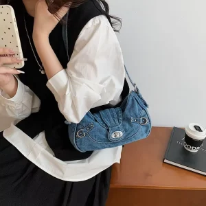 Y2K Style Denim Shoulder Bag Lightweight Washed Denim Handbag with Turn Lock Closure
