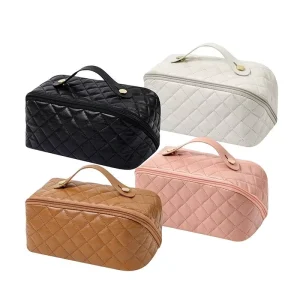 YDINI Pink Makeup Bags Custom Logo Leather Canvas Pouch Toiletry Travel Makeup Cosmetic Bag Large Capacity