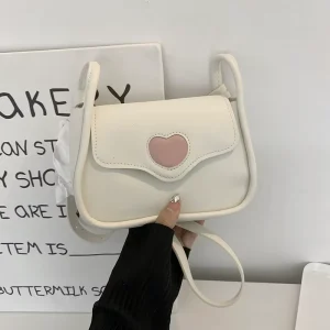 Young Lady Autumn Fashion Single Strap Cover Closure Waterproof PU Crossbody Bag Heart Pattern Polyester Lining for Daily Use