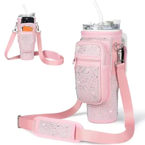 Zipper Pouch Neoprene 40oz Bling Rhinestone Tumbler Cup Crossbody Sling Water Bottle Carrier Bag with Shoulder Strap for Stanley